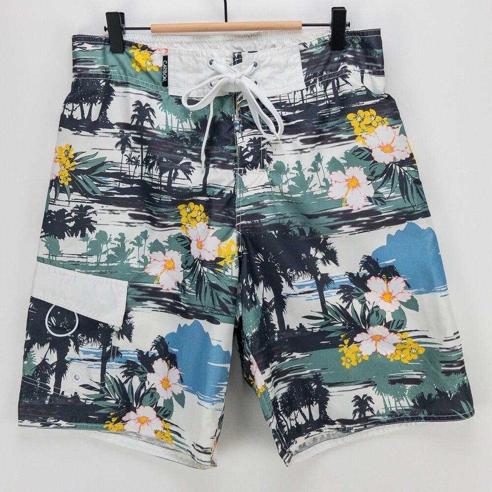 Carbon Board Shorts Men’s M Hawaiian Green Yellow Lined Quick Dry Beach Swim
